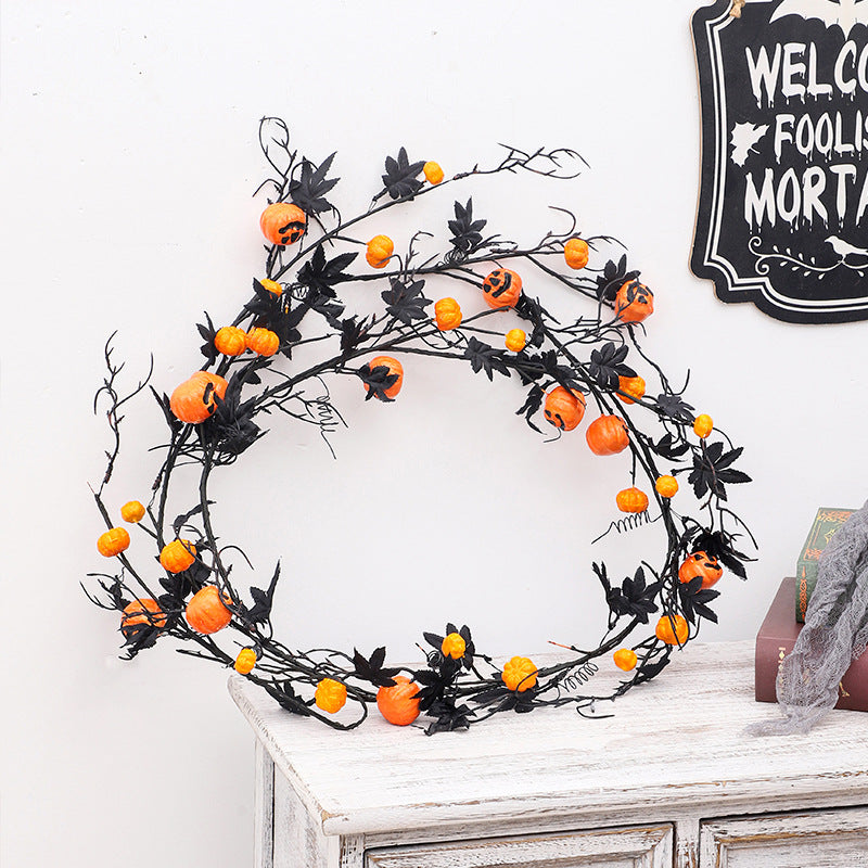 1.8m Black Maple Leaf Horror Pumpkin Rattan Garland Halloween Door Hanging